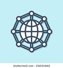 Blue line Global technology or social network icon isolated on blue background.  Vector Illustration