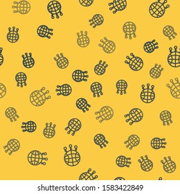 Blue line Global technology or social network icon isolated seamless pattern on yellow background.  Vector Illustration