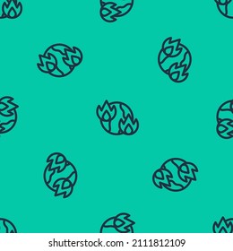 Blue line Global warming fire icon isolated seamless pattern on green background.  Vector