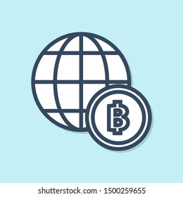 Blue line Globe and cryptocurrency coin Bitcoin icon isolated on blue background. Physical bit coin. Blockchain based secure crypto currency.  Vector Illustration