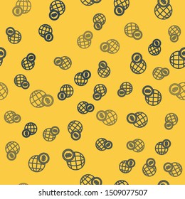 Blue line Globe and cryptocurrency coin Bitcoin icon isolated seamless pattern on yellow background. Physical bit coin. Blockchain based secure crypto currency.  Vector Illustration