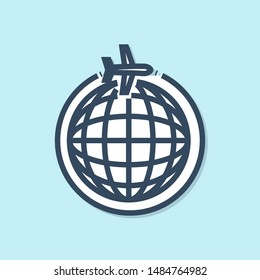 Blue line Globe with flying plane icon isolated on blue background. Airplane fly around the planet earth. Aircraft world icon.  Vector Illustration