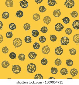 Blue line Globe with flying plane icon isolated seamless pattern on yellow background. Airplane fly around the planet earth. Aircraft world icon.  Vector Illustration