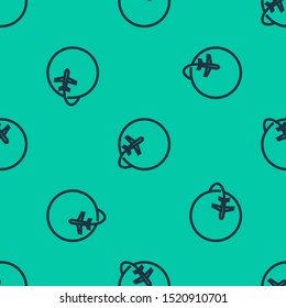 Blue line Globe with flying plane icon isolated seamless pattern on green background. Airplane fly around the planet earth. Aircraft world icon.  Vector Illustration