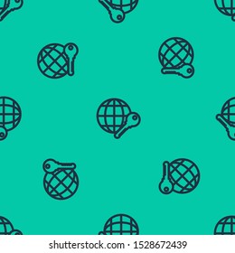 Blue line Globe key icon isolated seamless pattern on green background.  Vector Illustration