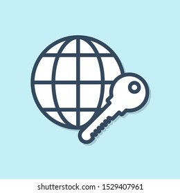 Blue line Globe key icon isolated on blue background.  Vector Illustration
