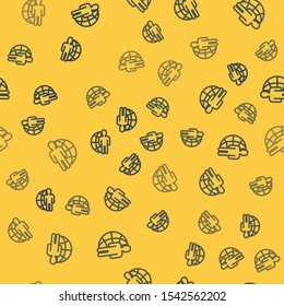 Blue line Globe and people icon isolated seamless pattern on yellow background. Global business symbol. Social network icon.  Vector Illustration