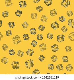Blue line Gloves icon isolated seamless pattern on yellow background. Extreme sport. Sport equipment.  Vector Illustration