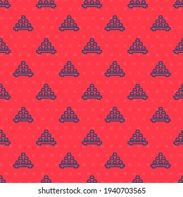 Icono de barras de oro de línea azul aislado patrón sin fisuras sobre fondo rojo. Concepto de negocio bancario.  Vector