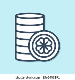 Blue line Gold coin with four leaf clover icon isolated on blue background. Happy Saint Patricks day.  Vector Illustration