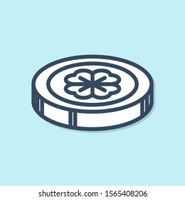 Blue line Gold coin with four leaf clover icon isolated on blue background. Happy Saint Patricks day.  Vector Illustration