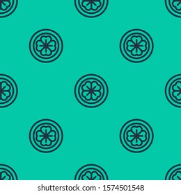 Blue line Gold coin with four leaf clover icon isolated seamless pattern on green background. Happy Saint Patricks day.  Vector Illustration
