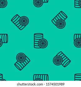 Blue line Gold coin with four leaf clover icon isolated seamless pattern on green background. Happy Saint Patricks day.  Vector Illustration