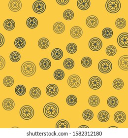 Blue line Gold coin with four leaf clover icon isolated seamless pattern on yellow background. Happy Saint Patricks day.  Vector Illustration