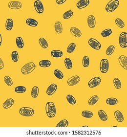 Blue line Gold coin with four leaf clover icon isolated seamless pattern on yellow background. Happy Saint Patricks day.  Vector Illustration