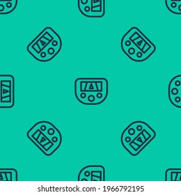 Blue line Gps device with map icon isolated seamless pattern on green background.  Vector