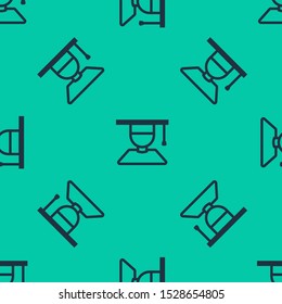 Blue line Graduate and graduation cap icon isolated seamless pattern on green background.  Vector Illustration