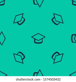 Blue line Graduation cap icon isolated seamless pattern on green background. Graduation hat with tassel icon.  Vector Illustration