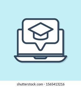 Blue line Graduation cap on screen laptop icon isolated on blue background. Online learning or e-learning concept.  Vector Illustration