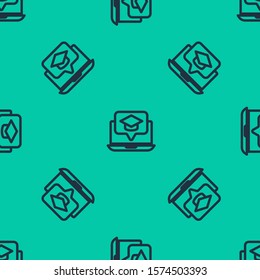 Blue line Graduation cap on screen laptop icon isolated seamless pattern on green background. Online learning or e-learning concept.  Vector Illustration