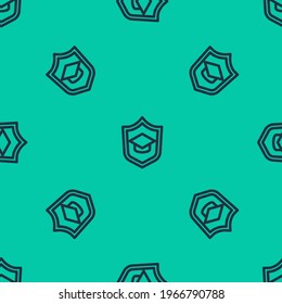 Blue line Graduation cap with shield icon isolated seamless pattern on green background. Insurance concept. Security, safety, protection, protect concept.  Vector