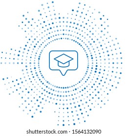 Blue line Graduation cap in speech bubble icon isolated on white background. Graduation hat with tassel icon. Abstract circle random dots. Vector Illustration