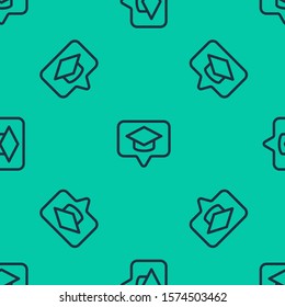 Blue line Graduation cap in speech bubble icon isolated seamless pattern on green background. Graduation hat with tassel icon.  Vector Illustration