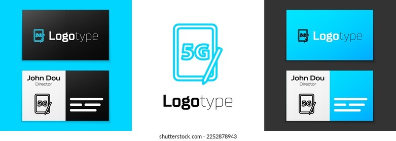 Blue line Graphic tablet with 5G wireless internet wifi icon isolated on white background. Global network high speed connection data rate technology. Logo design template element. Vector