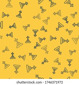 Blue line Grave with cross icon isolated seamless pattern on yellow background.  Vector