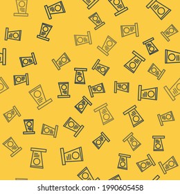 Blue line Grave with tombstone icon isolated seamless pattern on yellow background.  Vector