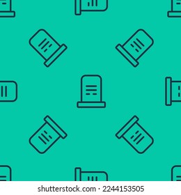 Blue line Grave with tombstone icon isolated seamless pattern on green background.  Vector