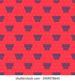 Blue line Greek ancient bowl icon isolated seamless pattern on red background. Antique amphora with patterns collection. Ancient Greece bowl.  Vector