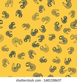 Blue line Grilled fish steak and fire flame icon isolated seamless pattern on yellow background.  Vector Illustration