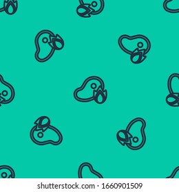 Blue line Grilled steak meat and fire flame icon isolated seamless pattern on green background.  Vector Illustration