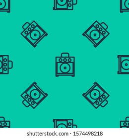 Blue line Guitar amplifier icon isolated seamless pattern on green background. Musical instrument.  Vector Illustration