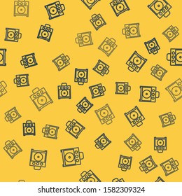 Blue line Guitar amplifier icon isolated seamless pattern on yellow background. Musical instrument.  Vector Illustration