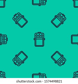 Blue line Guitar pedal icon isolated seamless pattern on green background. Musical equipment.  Vector Illustration