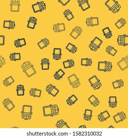 Blue line Guitar pedal icon isolated seamless pattern on yellow background. Musical equipment.  Vector Illustration