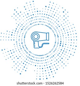 Blue line Hair dryer icon isolated on white background. Hairdryer sign. Hair drying symbol. Blowing hot air. Abstract circle random dots. Vector Illustration