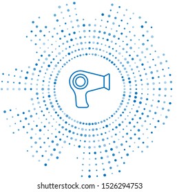 Blue line Hair dryer icon isolated on white background. Hairdryer sign. Hair drying symbol. Blowing hot air. Abstract circle random dots. Vector Illustration