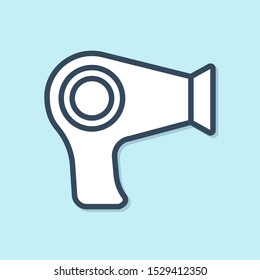 Blue line Hair dryer icon isolated on blue background. Hairdryer sign. Hair drying symbol. Blowing hot air.  Vector Illustration