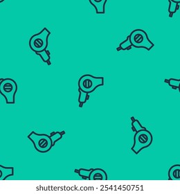 Blue line Hair dryer icon isolated seamless pattern on green background. Hairdryer sign. Hair drying symbol. Blowing hot air.  Vector