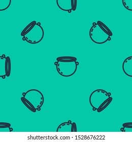 Blue line Halloween witch cauldron icon isolated seamless pattern on green background. Happy Halloween party.  Vector Illustration