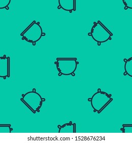Blue line Halloween witch cauldron icon isolated seamless pattern on green background. Happy Halloween party.  Vector Illustration