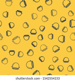 Blue line Halloween witch cauldron icon isolated seamless pattern on yellow background. Happy Halloween party.  Vector Illustration