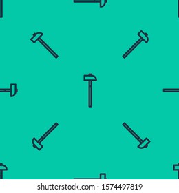 Blue line Hammer icon isolated seamless pattern on green background. Tool for repair.  Vector Illustration