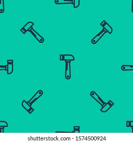 Blue line Hammer icon isolated seamless pattern on green background. Tool for repair.  Vector Illustration