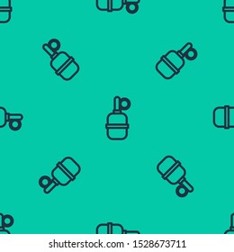 Blue line Hand grenade icon isolated seamless pattern on green background. Bomb explosion.  Vector Illustration