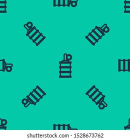 Blue line Hand grenade icon isolated seamless pattern on green background. Bomb explosion.  Vector Illustration