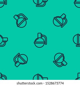 Blue line Hand grenade icon isolated seamless pattern on green background. Bomb explosion.  Vector Illustration